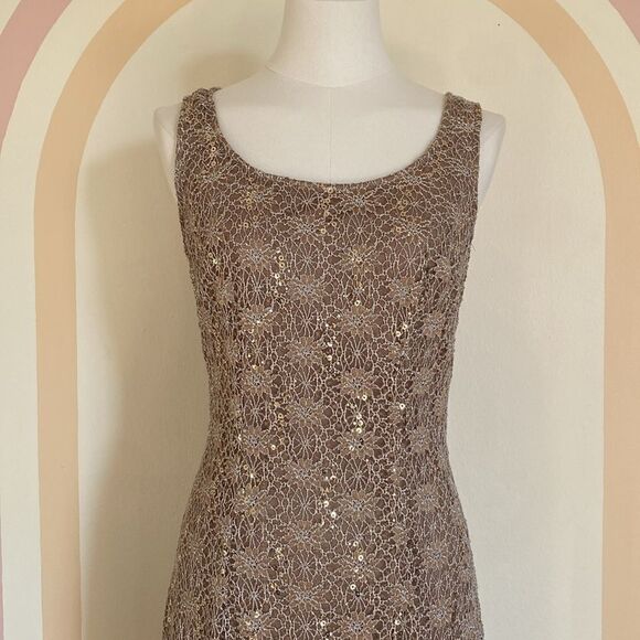 Vintage 90's Cream Knit Lace & Gold Sequin R&M Richards Midi Cocktail Gown Sz 8 - Picture 3 of 13